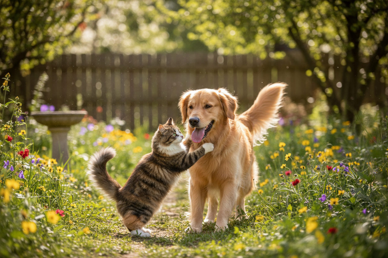 dog and cat playing