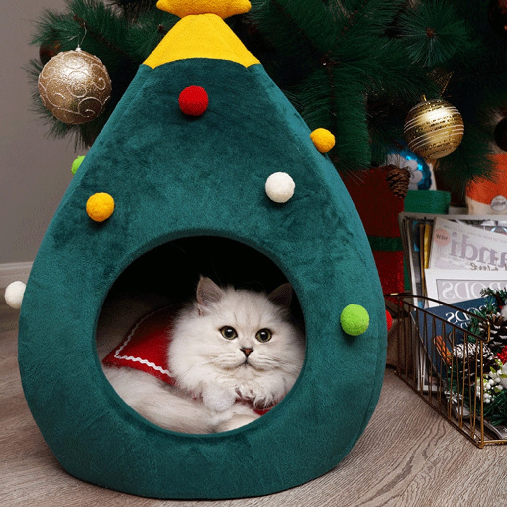 Pet Christmas Tree Cat Beds House, Indoor Doggy House Portable Green Pet Igloo Tent Cat Cave Nest for Kittens and Small Animals