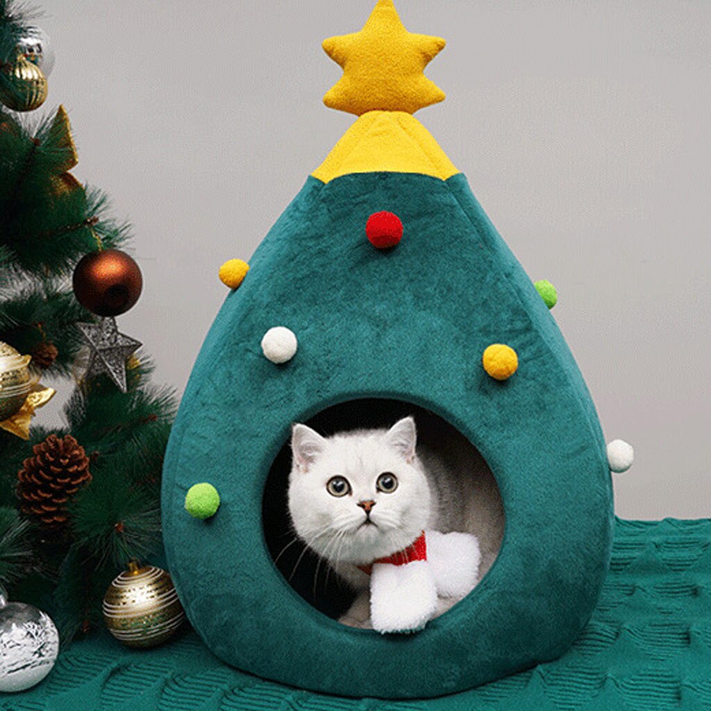 Pet Christmas Tree Cat Beds House, Indoor Doggy House Portable Green Pet Igloo Tent Cat Cave Nest for Kittens and Small Animals